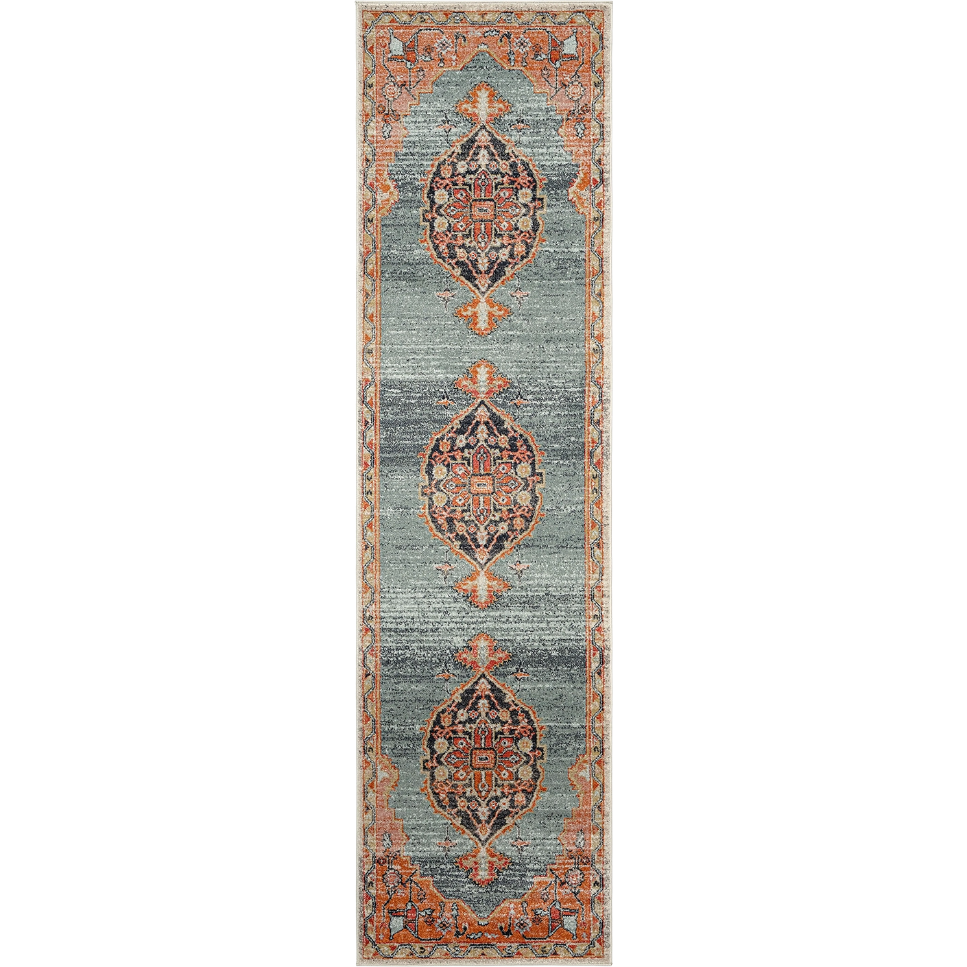 Frank Tiger carpets in blue, orange and multicolour, shown in a product top view as image 1