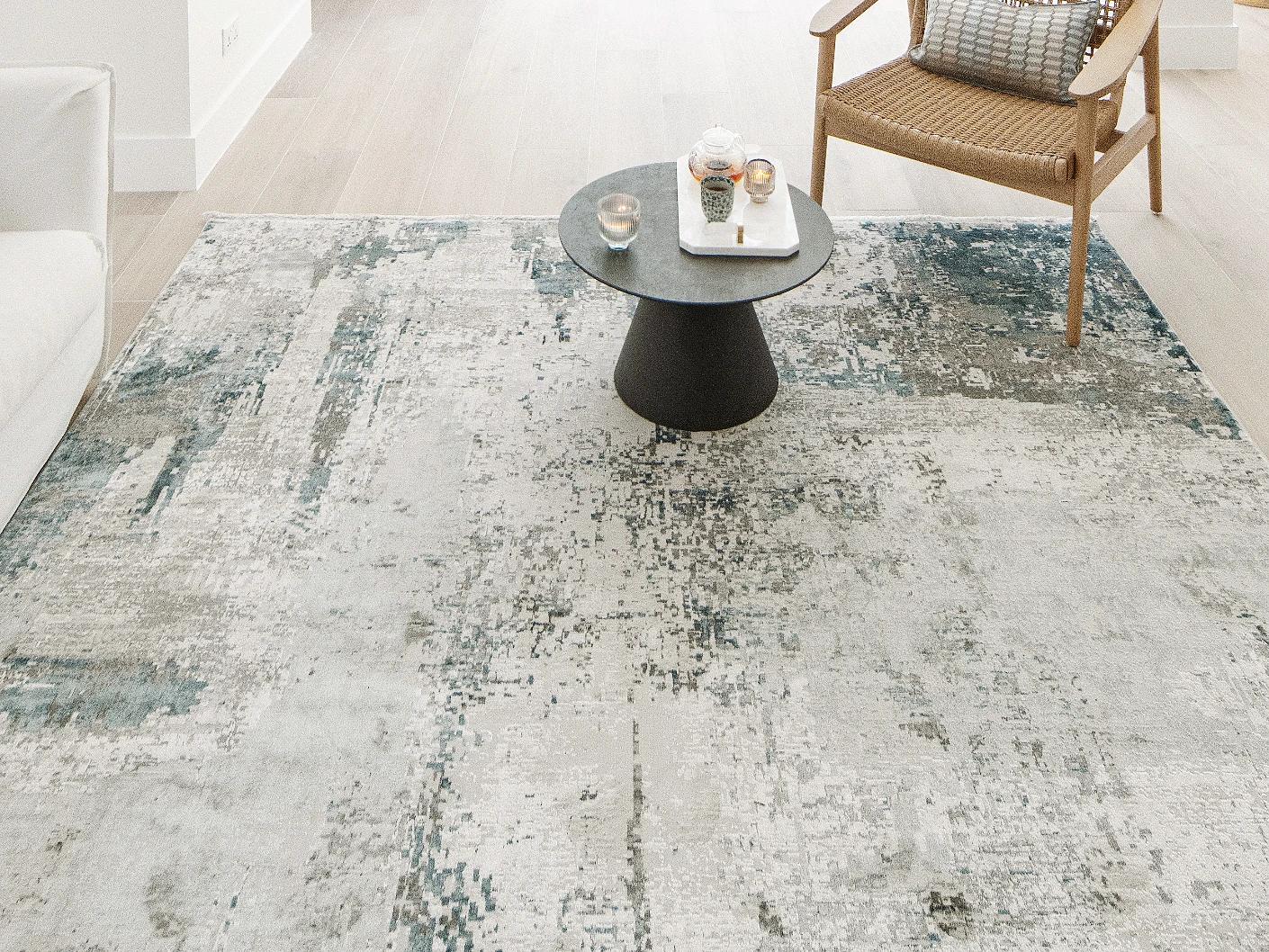 Athena Sky carpets in blue and grey, shown in a lifestyle close-up top view as image 2