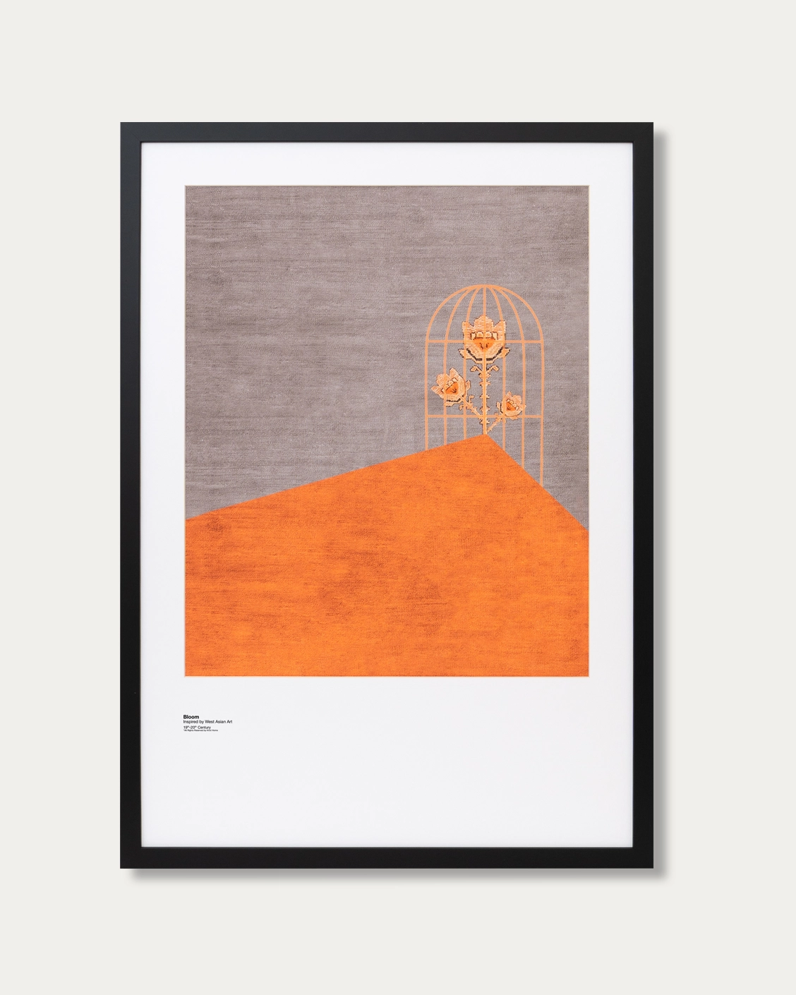 Bloom fine art print in orange and taupe, shown in a lifestyle front view as image 1