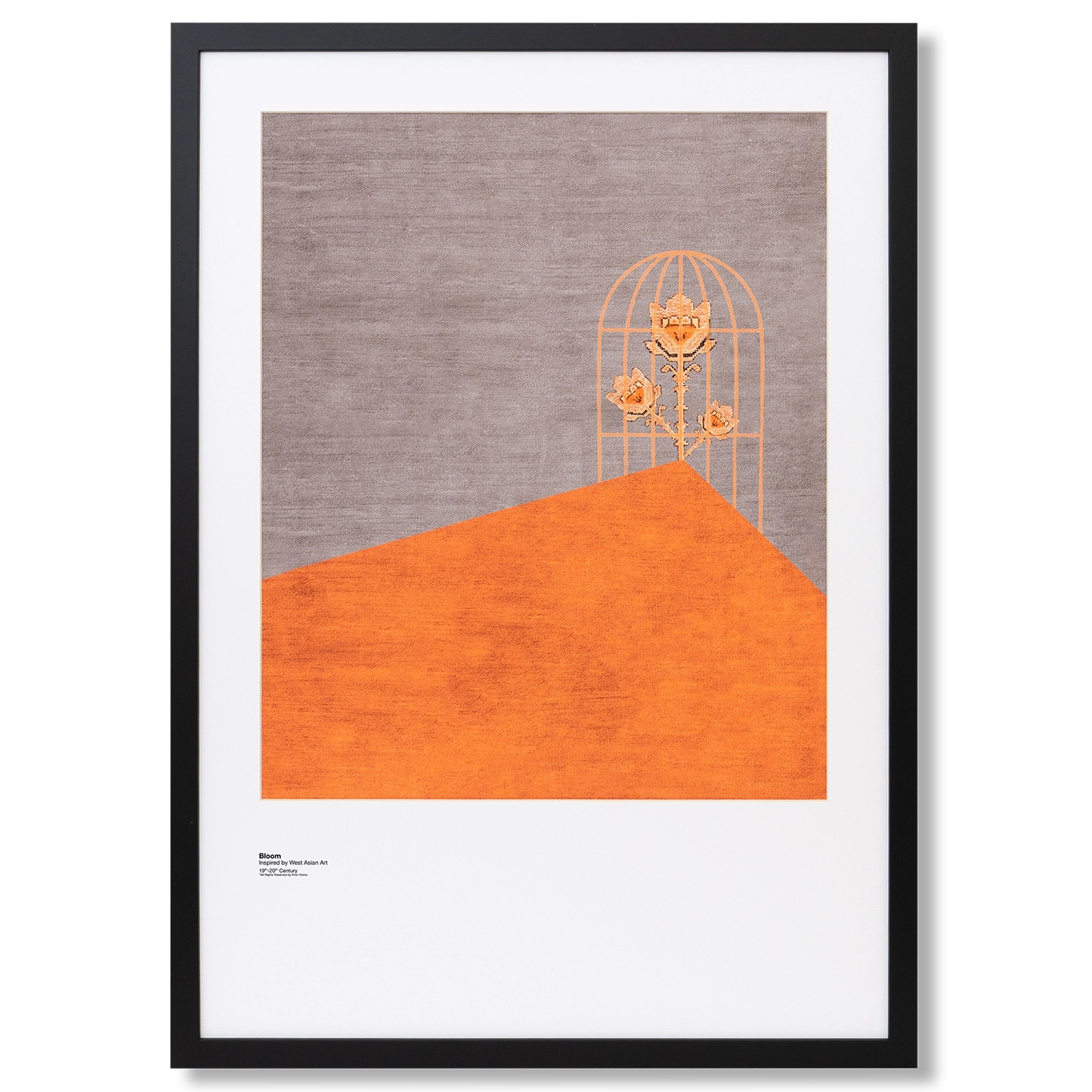 Bloom fine art print in orange and taupe, shown in a lifestyle front view as image 1