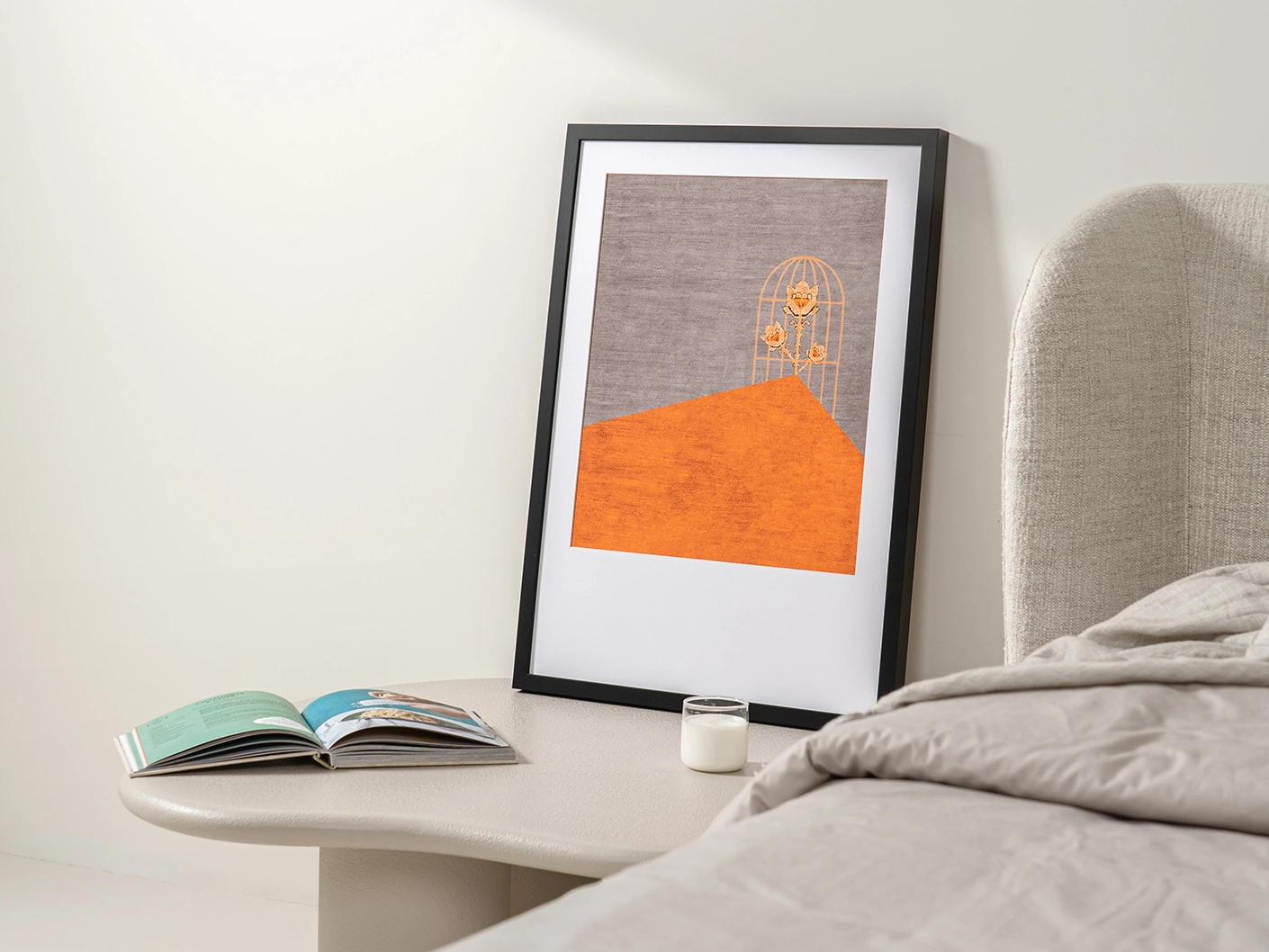 Bloom fine art print artwork in orange and taupe, shown in a lifestyle right view
