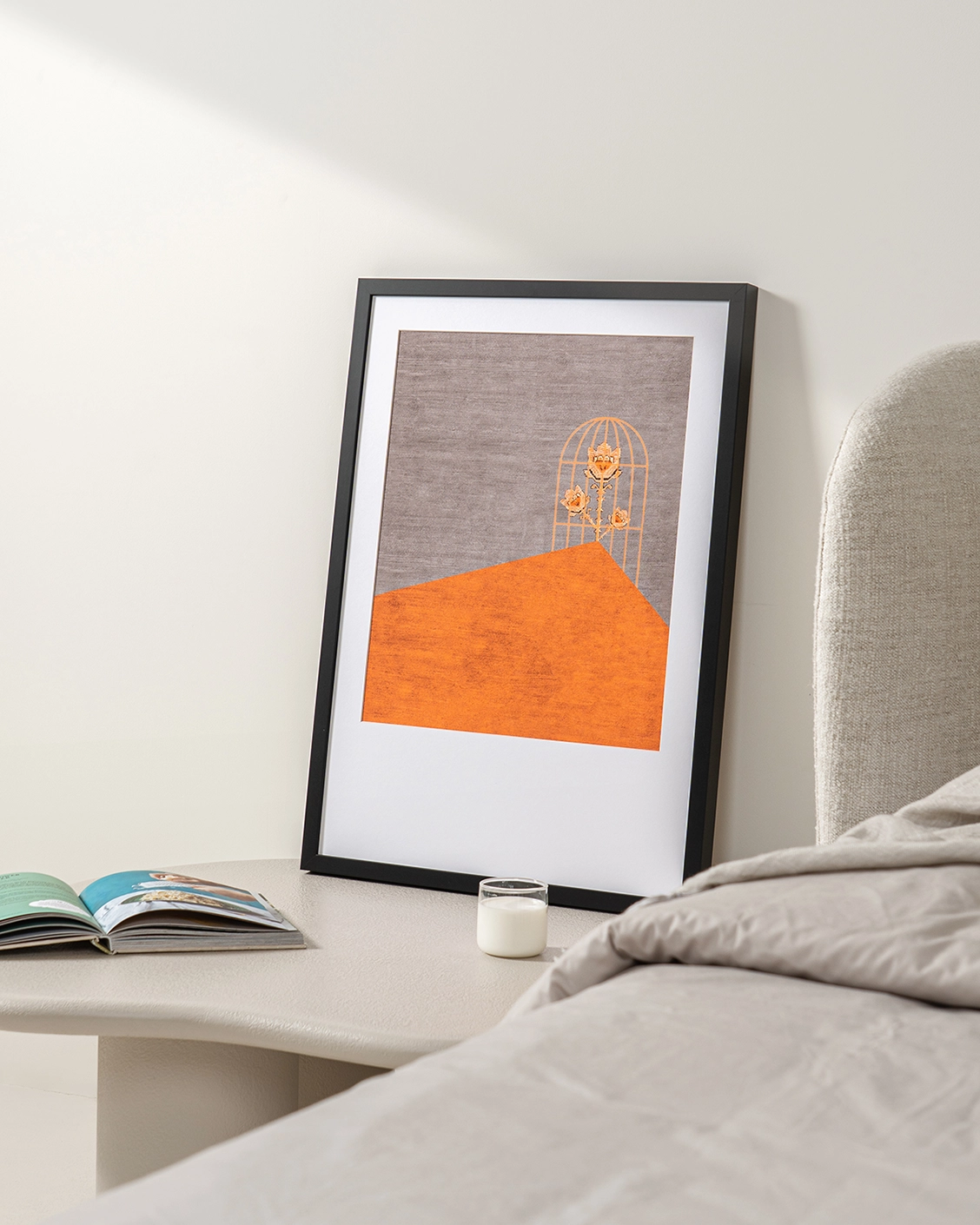 Bloom fine art print in orange and taupe, shown in a lifestyle right view as image 3