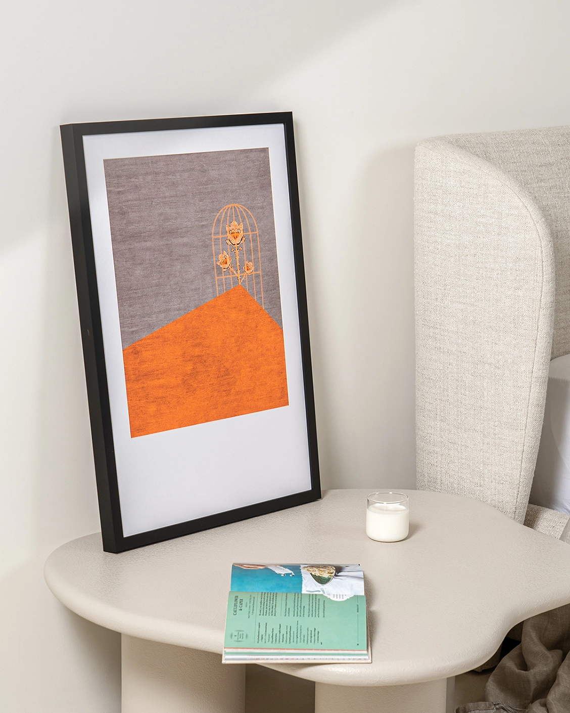 Bloom fine art print in orange and taupe, shown in a lifestyle top view as image 4