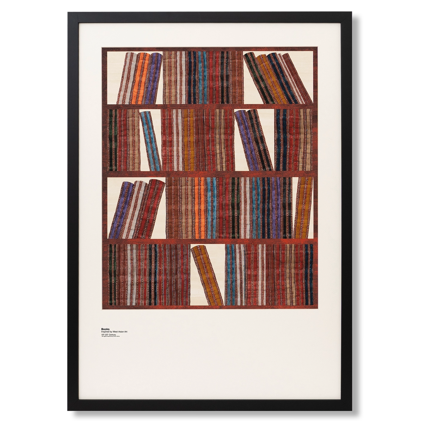 Books fine art print in rust, blue and multicolour, shown in a lifestyle front view as image 1