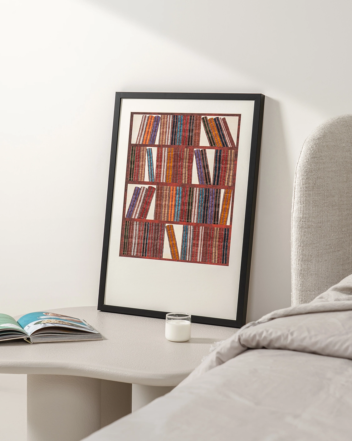 Books fine art print in rust, blue and multicolour, shown in a lifestyle right view as image 5
