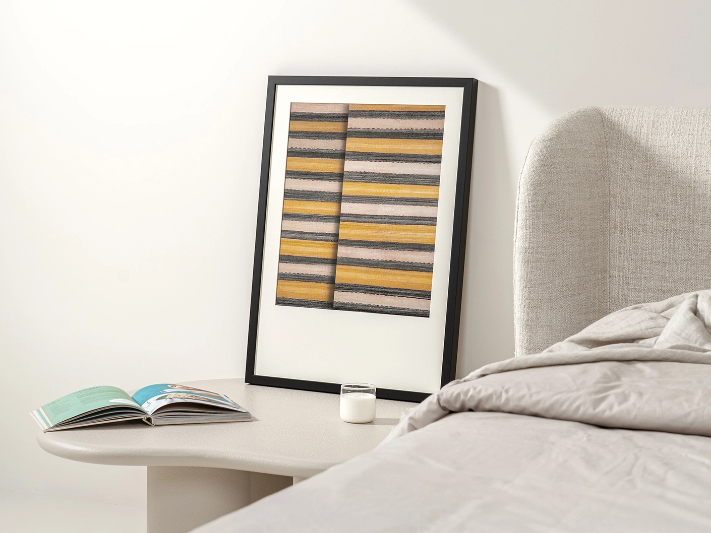 Bumblebee Gray fine art print artwork in grey, beige and yellow, shown in a lifestyle right view