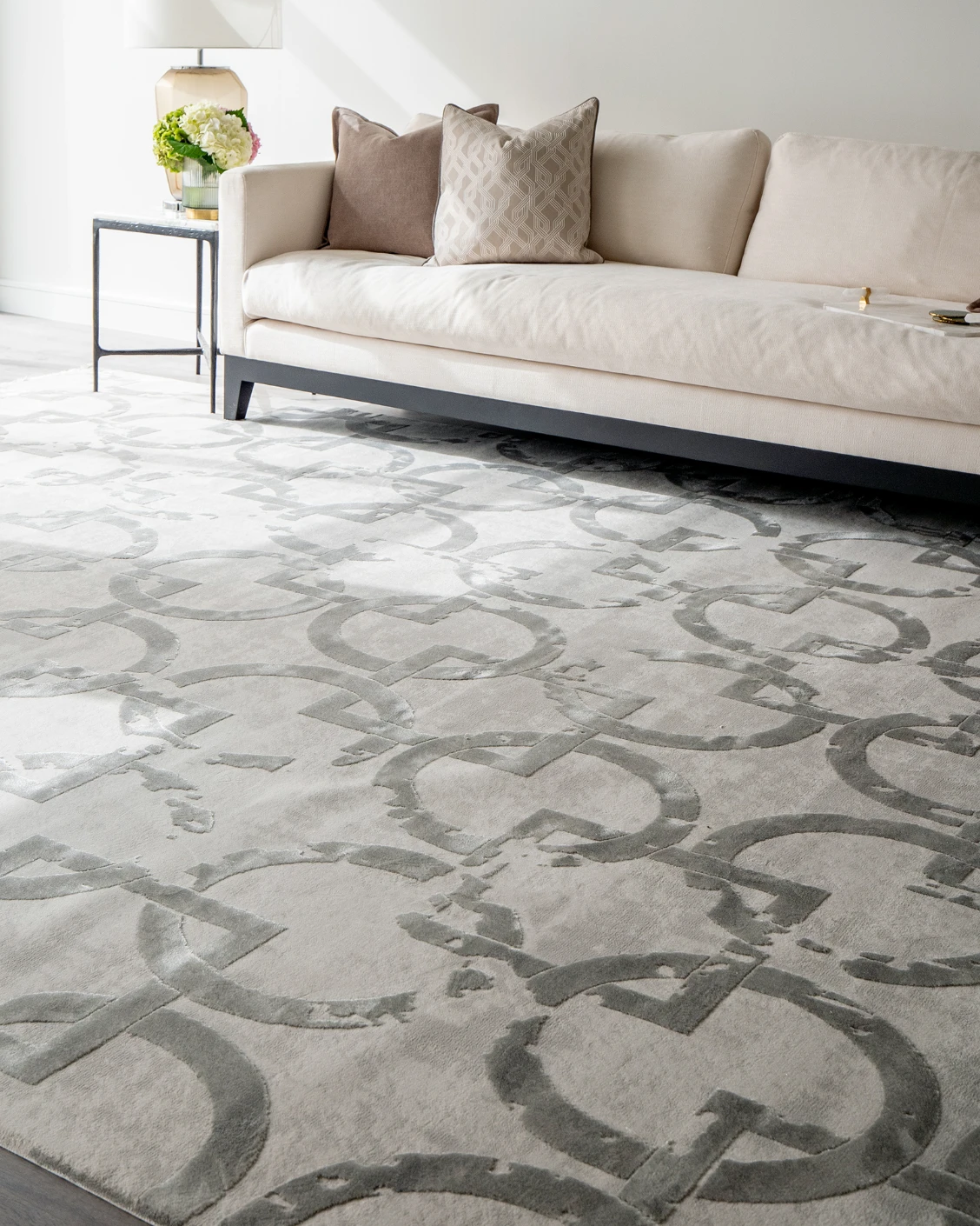 Cooper Dune carpet in dune, grey and silver, shown in a lifestyle right view as image 6