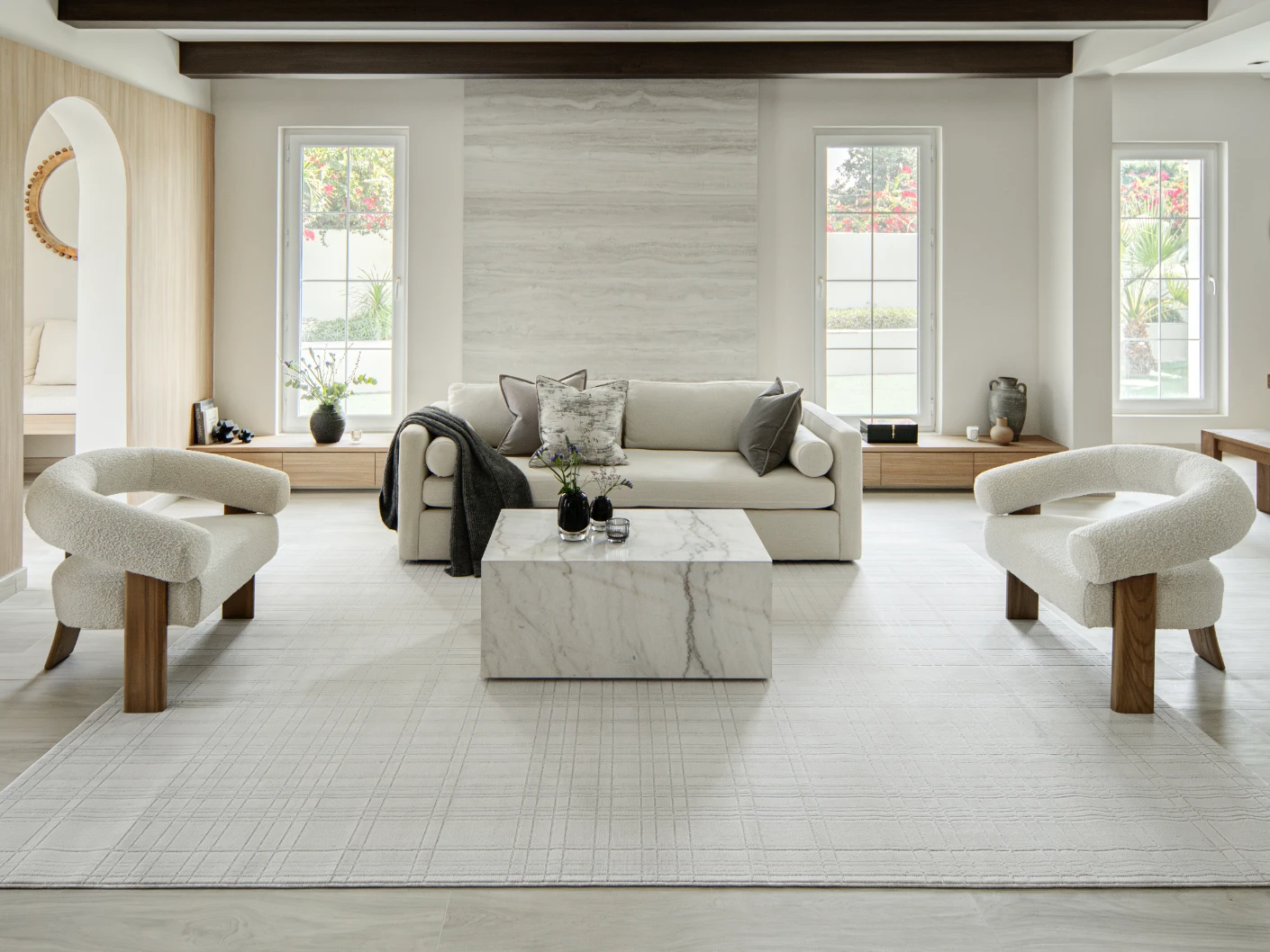 Corvin Sandy carpet in sandy, ivory and grey, shown in a lifestyle front view