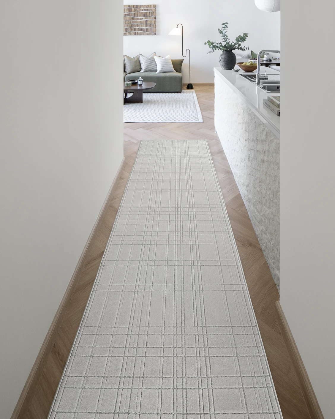Corvin Sandy Runners carpet in sandy, ivory and grey, shown in a lifestyle front view as image 2