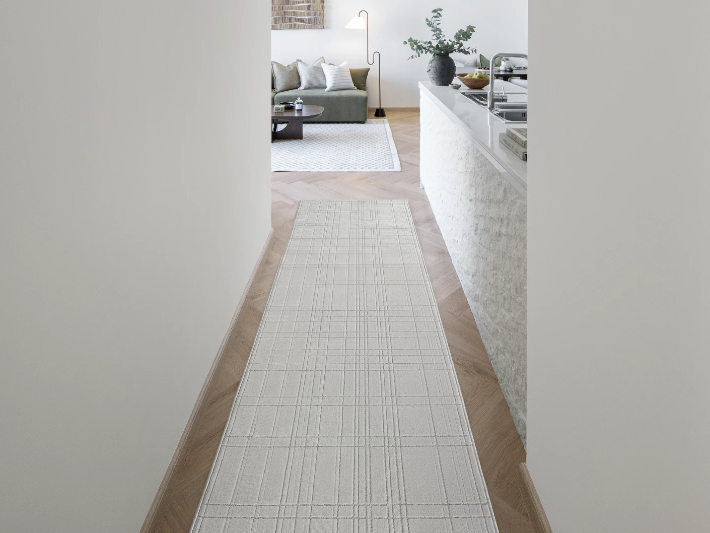 Corvin Sandy Runners carpet in sandy, ivory and grey, shown in a lifestyle front view