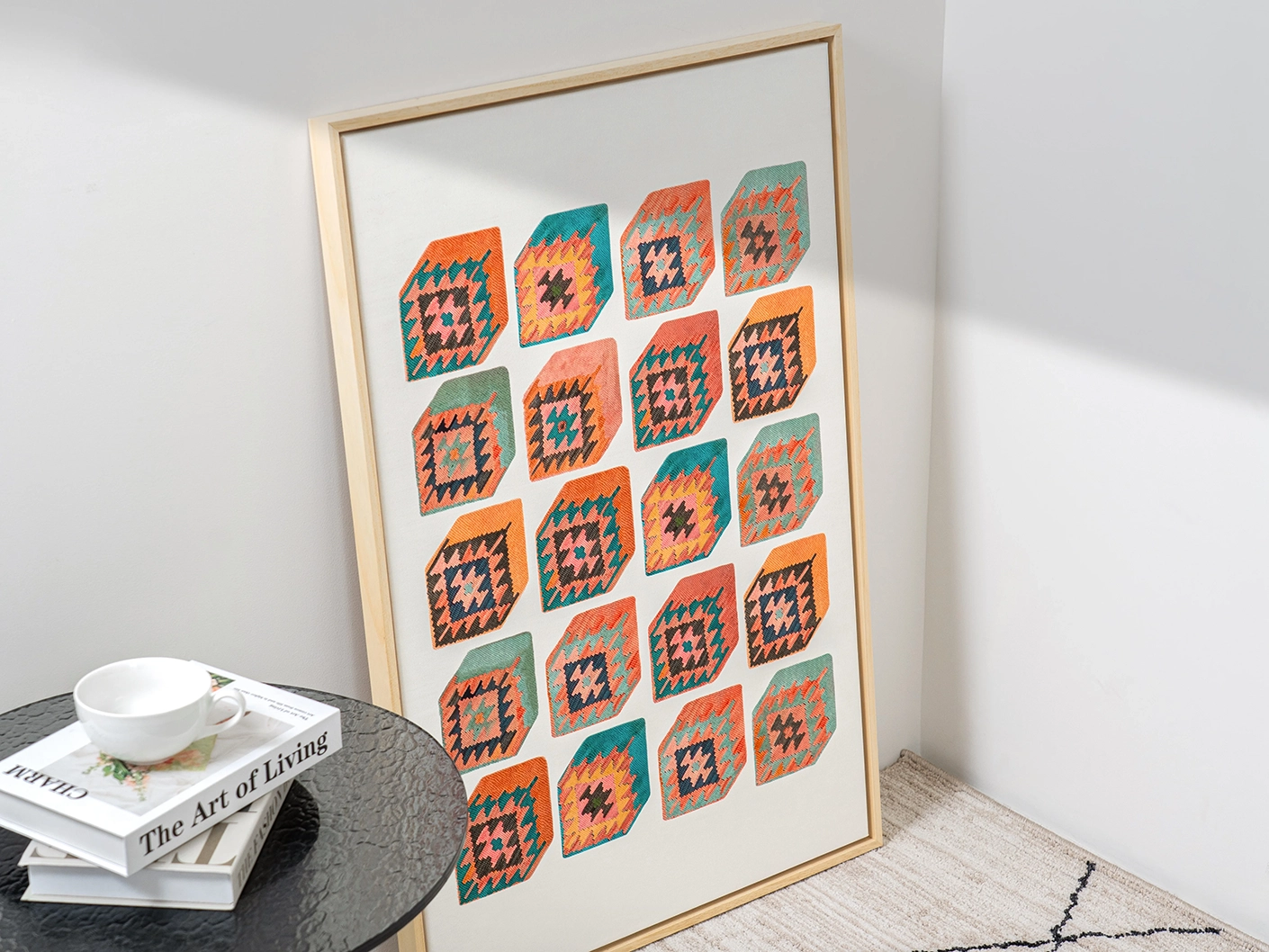 Cubism canvas in multicolour, shown in a lifestyle top view as image 3