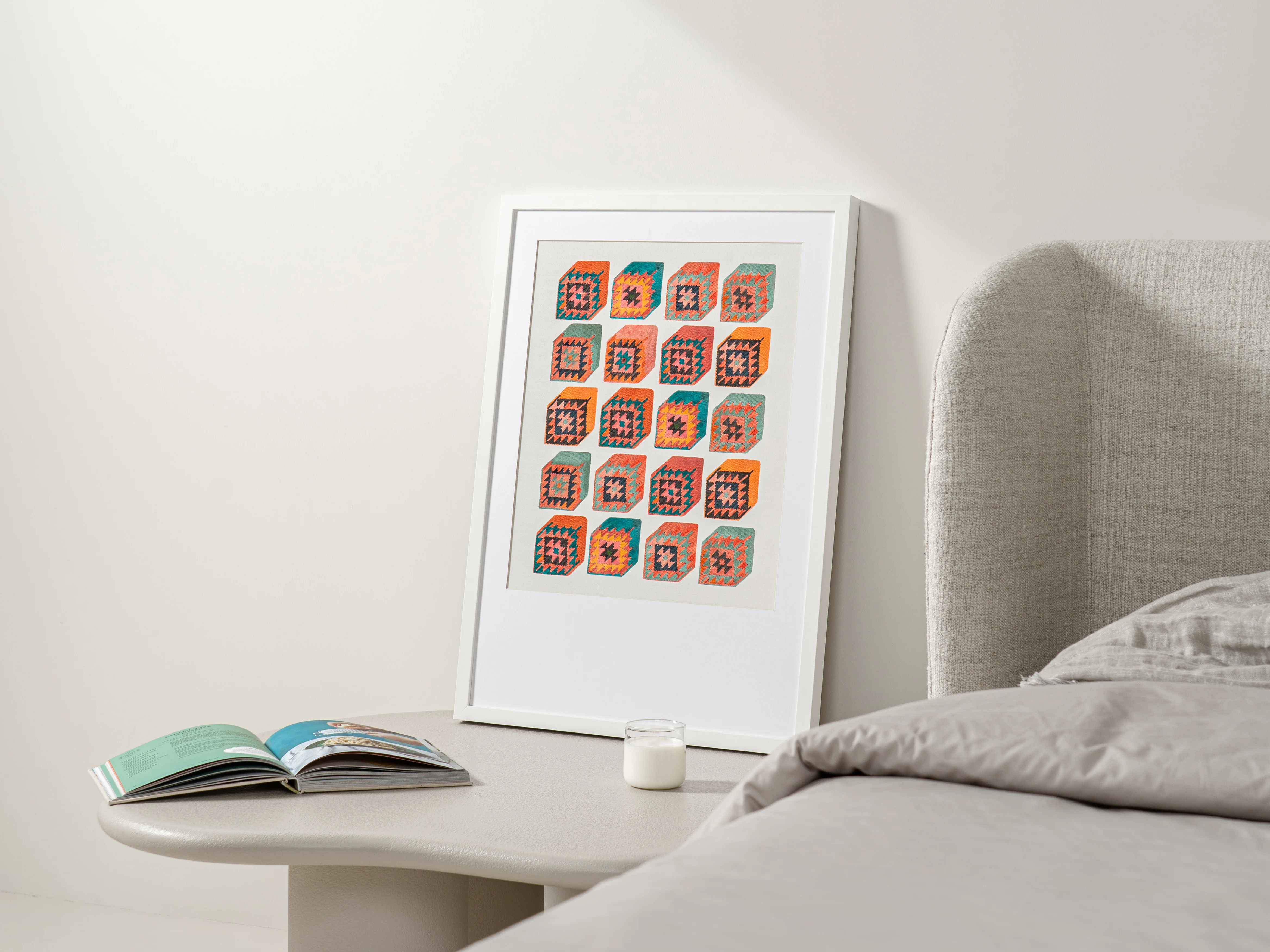 Cubism fine art print artwork in multicolour, shown in a lifestyle right view