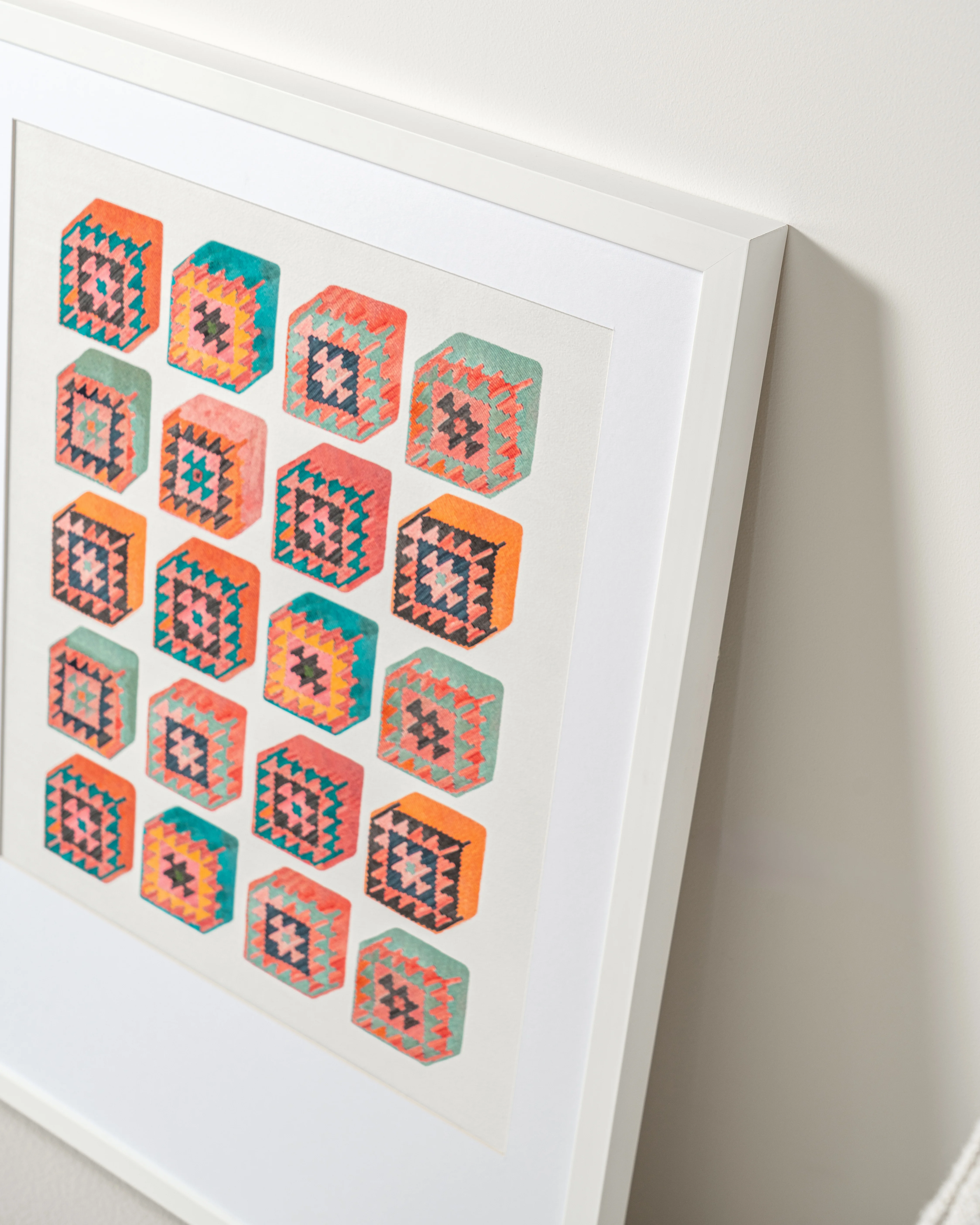 Cubism fine art print in multicolour, shown in a lifestyle top view as image 5