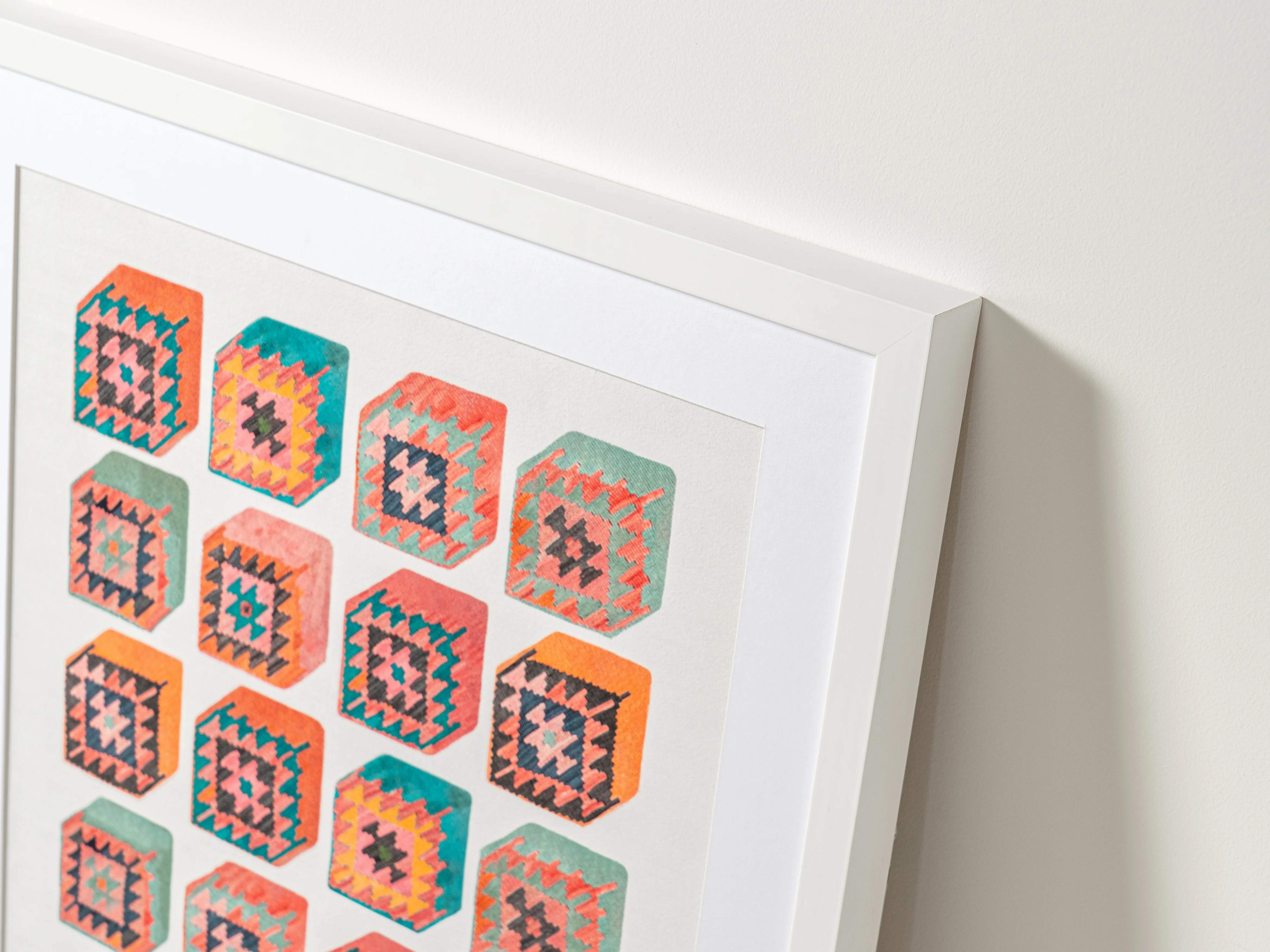 Cubism fine art print in multicolour, shown in a lifestyle top view as image 2