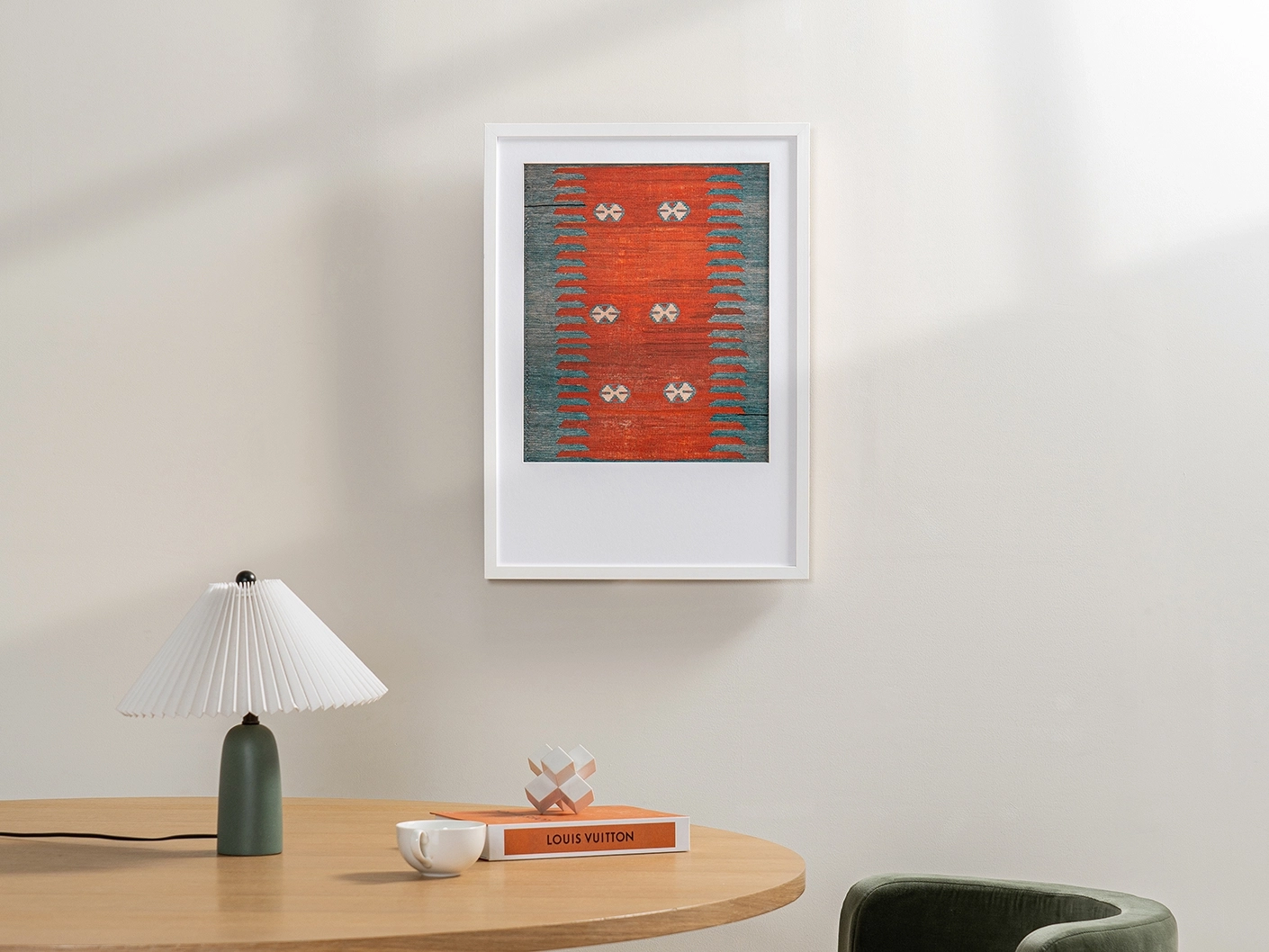 Denim Shades fine art print artwork in red and blue, shown in a lifestyle front view