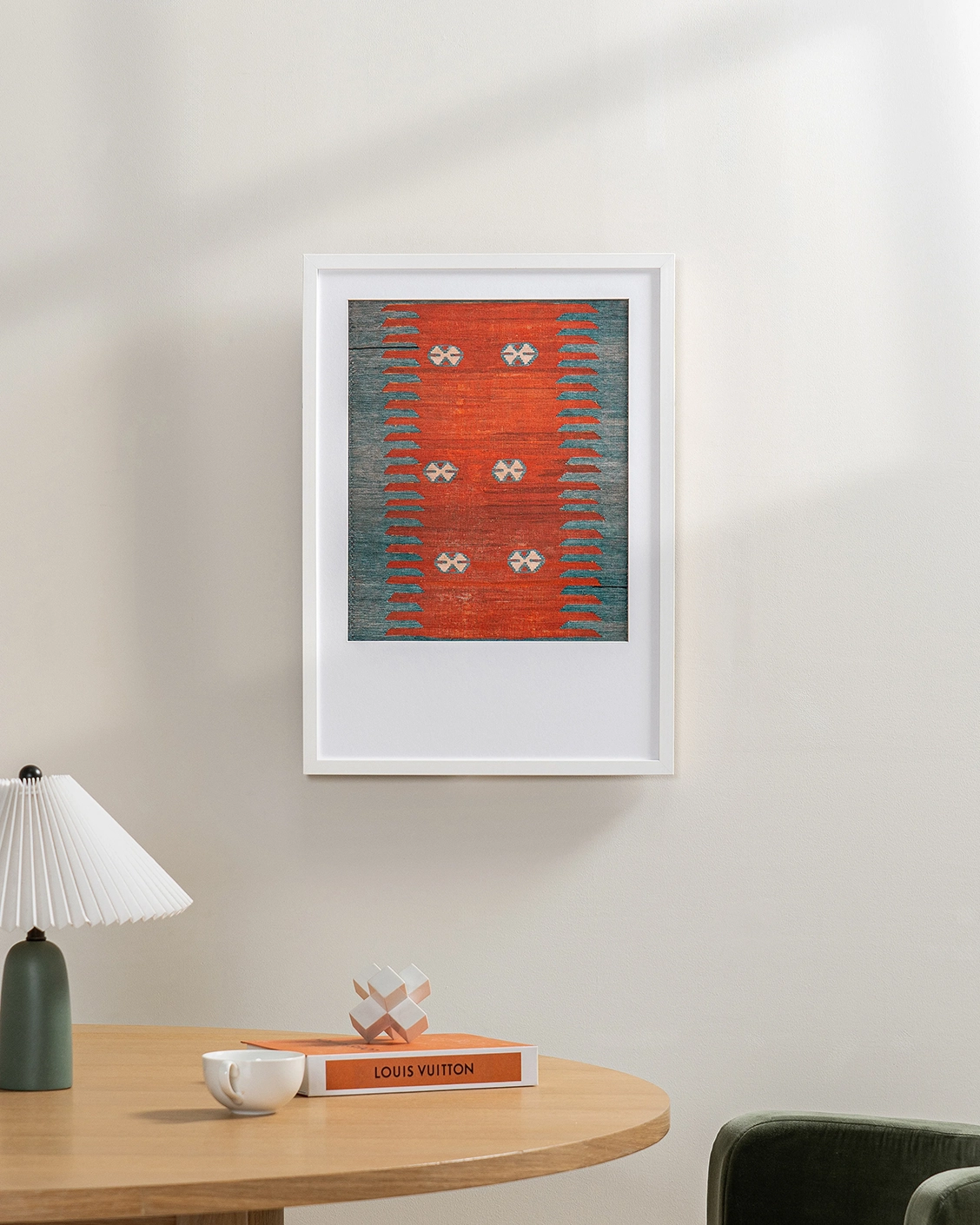 Denim Shades fine art print in red and blue, shown in a lifestyle front view as image 2