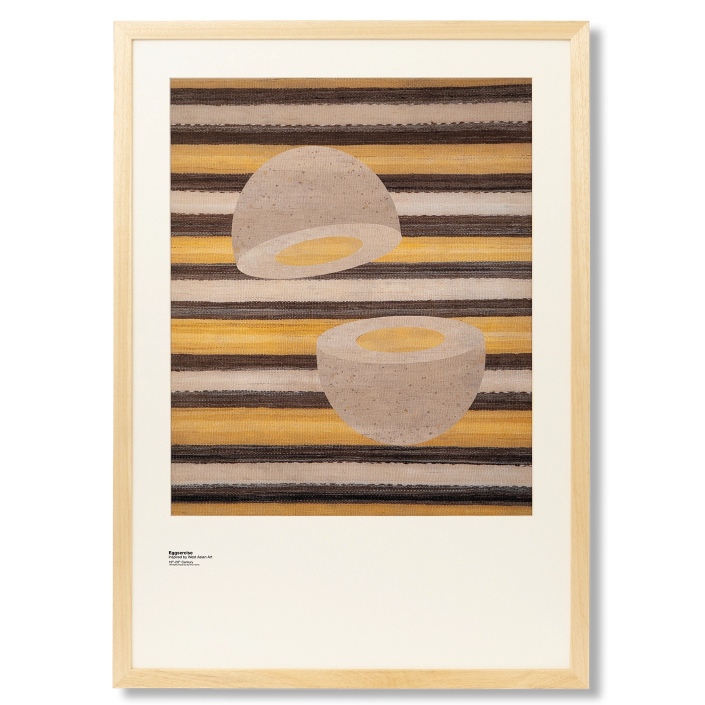 Eggsercise fine art print in yellow, brown and beige, shown in a product front view as image 1