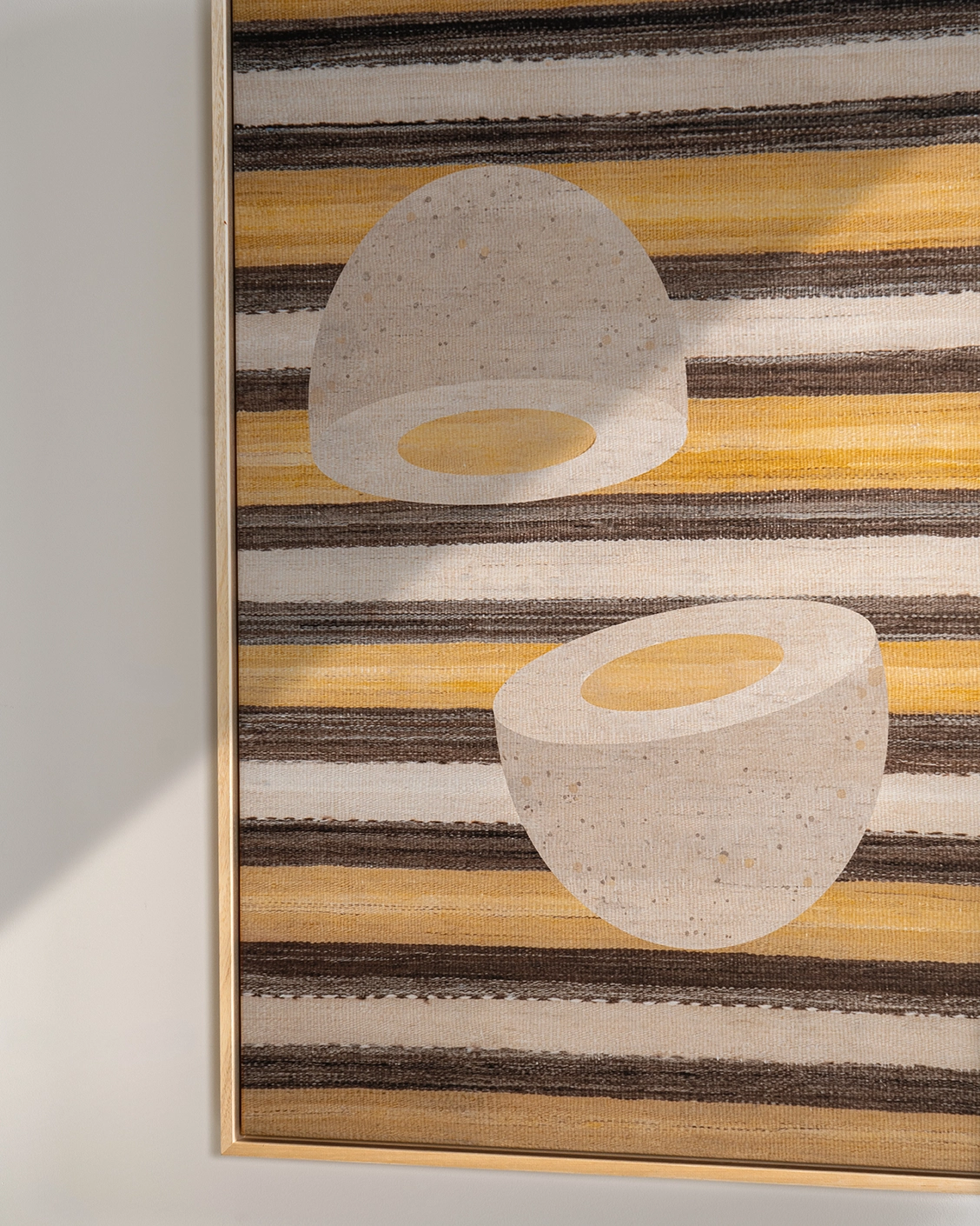 Eggercise canvas in yellow, brown and beige, shown in a lifestyle right view as image 4
