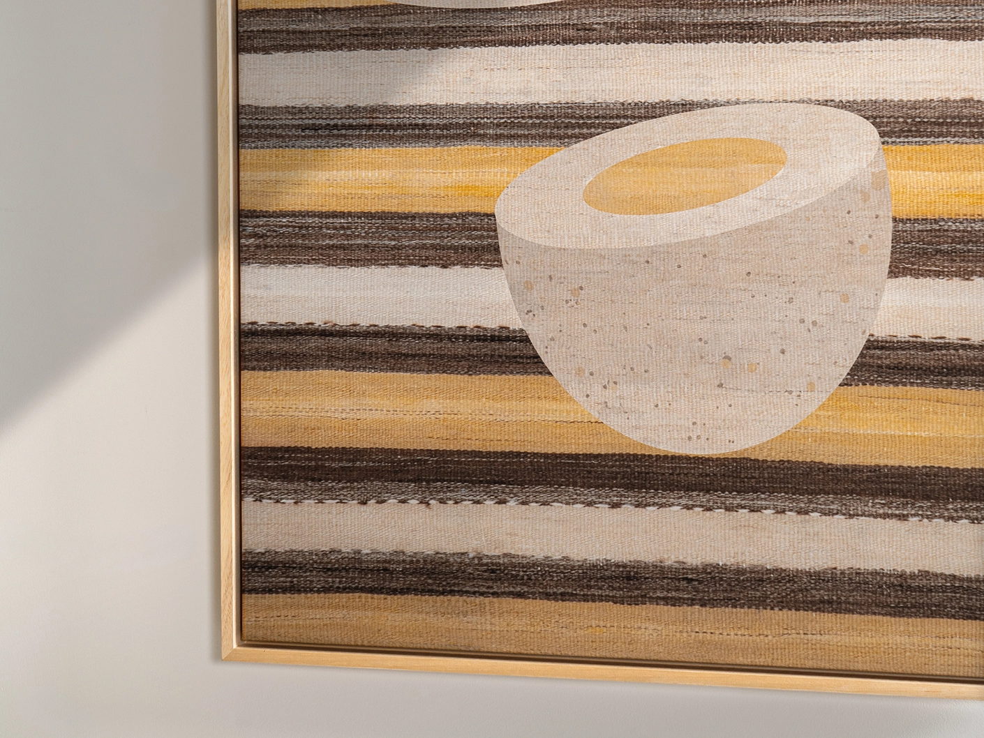 Eggercise canvas in yellow, brown and beige, shown in a lifestyle right view as image 1