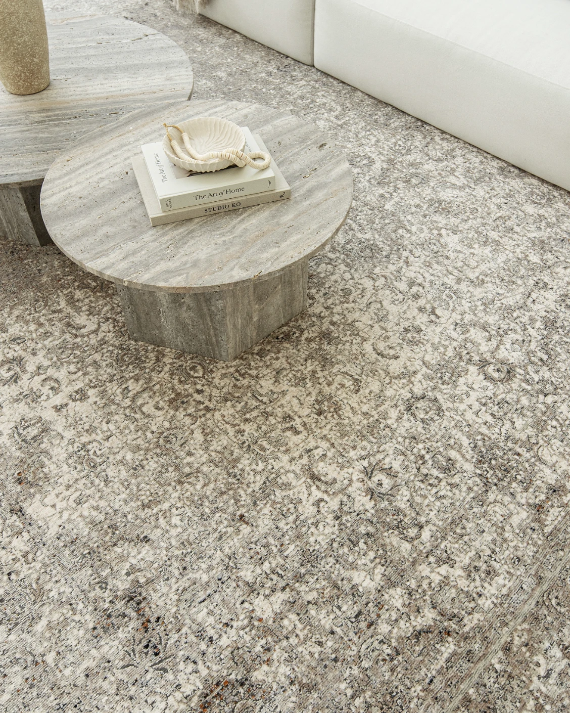 Ethan Dune carpet in grey and beige, shown in a lifestyle top view as image 7