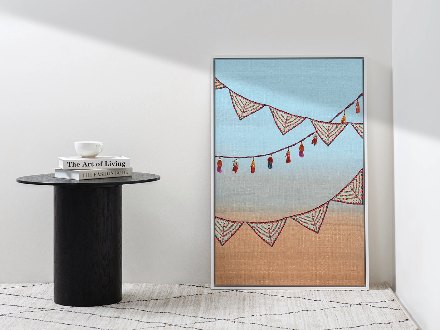 Fiesta canvas artwork in multicolour and blue, shown in a lifestyle front view