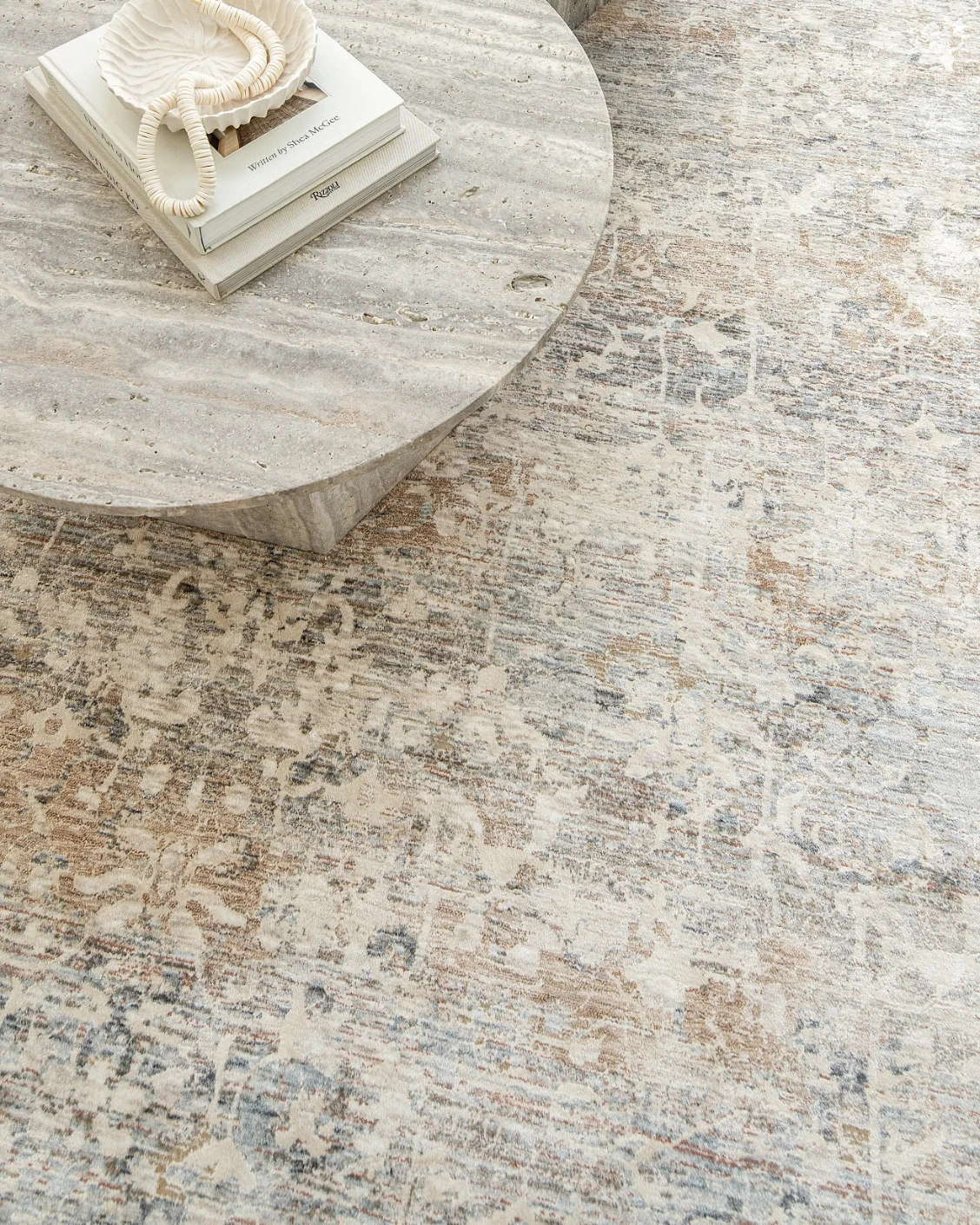 Hana Sandy carpet in beige and taupe, shown in a lifestyle top view as image 7
