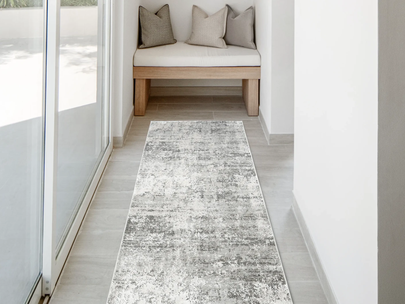 Jay Ashton Runners carpet in grey, shown in a lifestyle front view