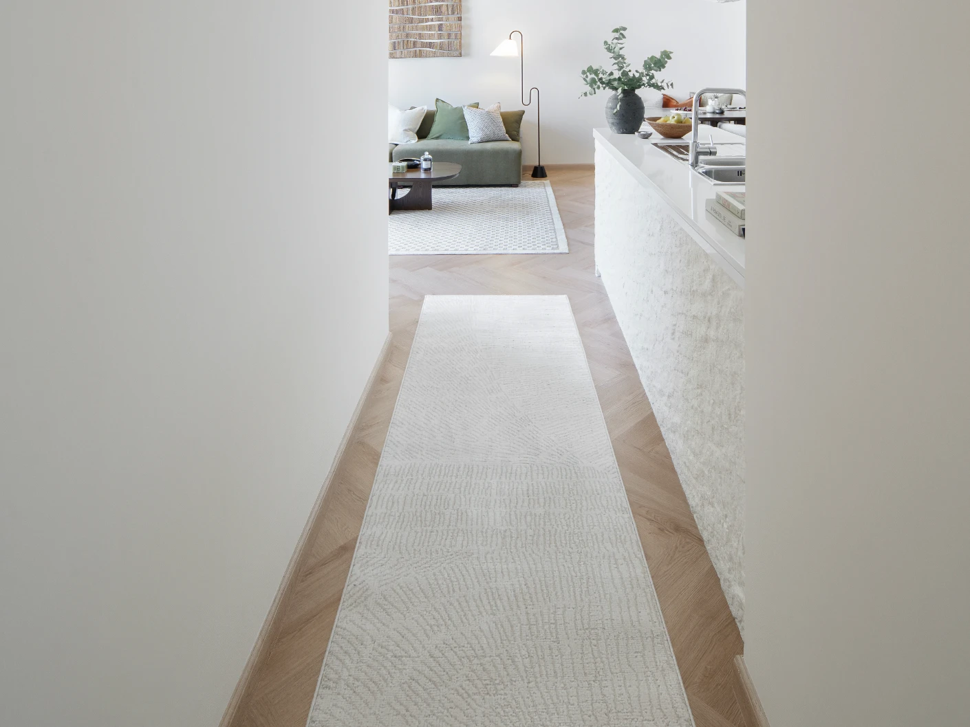 Link Sandy carpet in sandy and beige, shown in a lifestyle front view