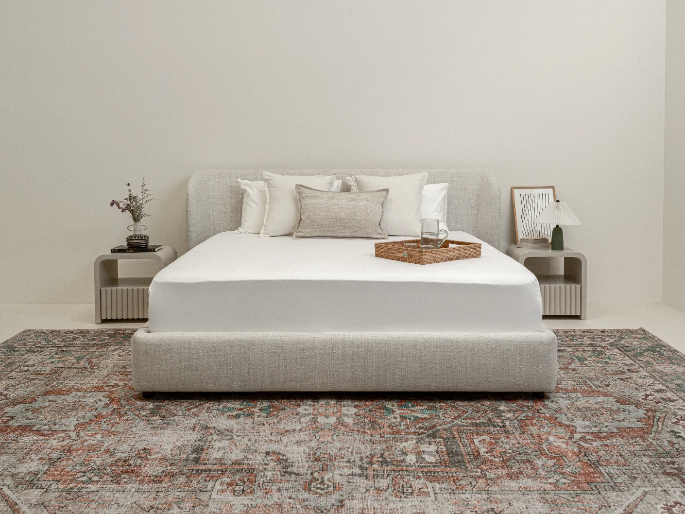 Livia Soft Off-White bed frame in off white, shown in a lifestyle front view
