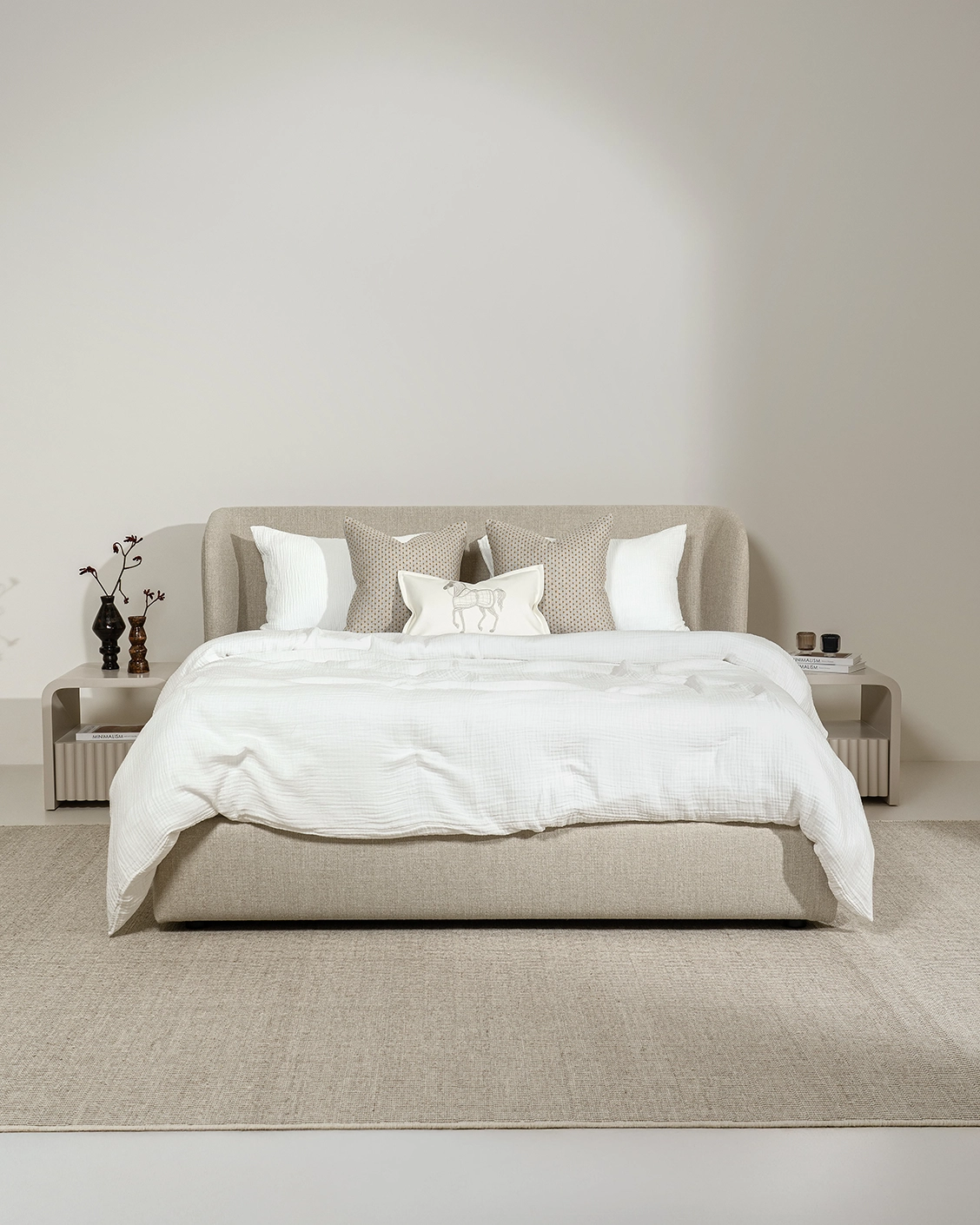 Livia Warm Mushroom bed frame, shown in a lifestyle front view as image 2
