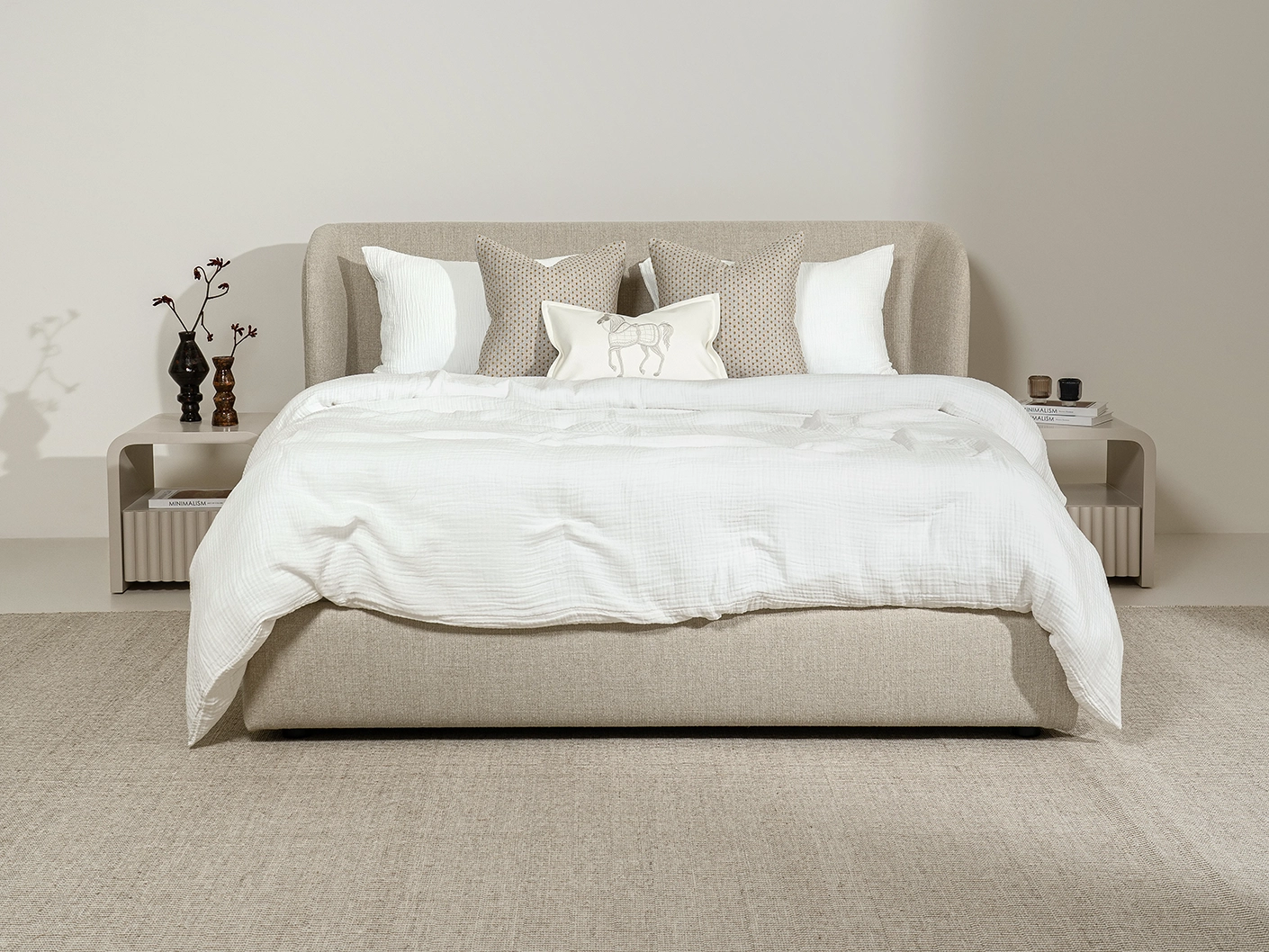 Livia Warm Mushroom bed frame, shown in a lifestyle front view as image 3
