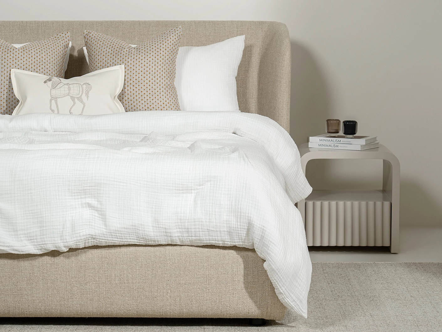 Livia Warm Mushroom bed frame, shown in a lifestyle right view as image 6