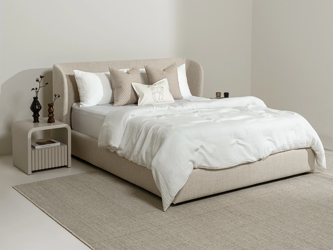 Livia Warm Mushroom bed frame, shown in a product left view as image 4