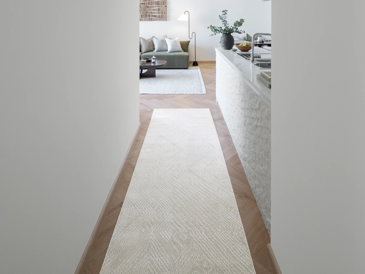 Marco Sandy Runners carpet in sandy and beige, shown in a lifestyle front view