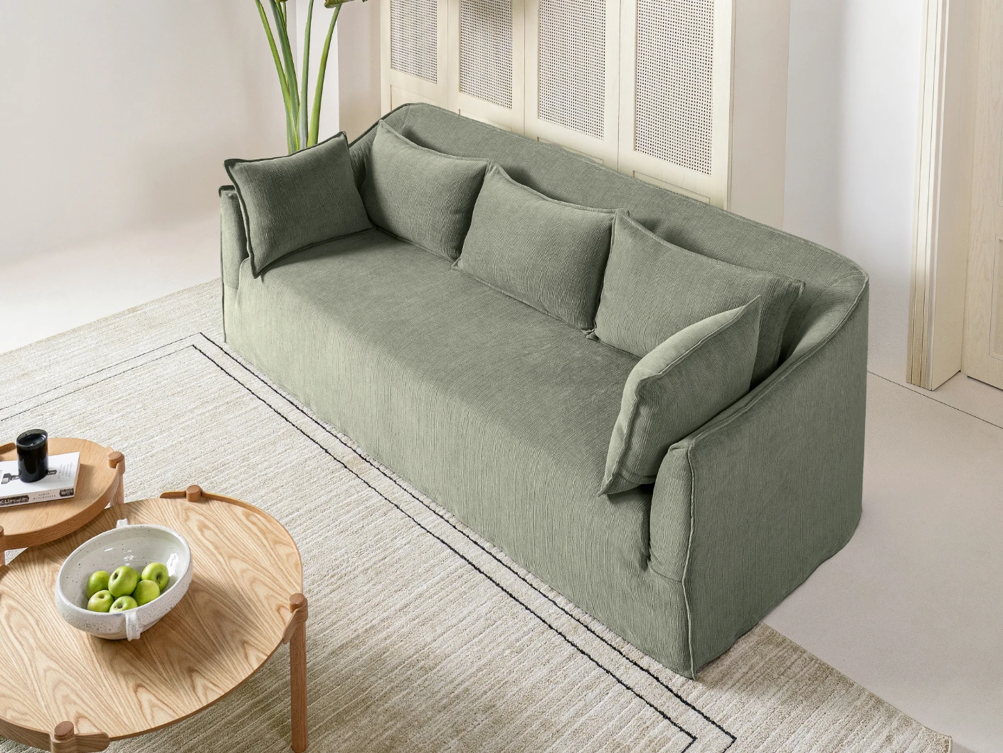 Miro Olive Grey sofa in olive grey, shown in a lifestyle top view