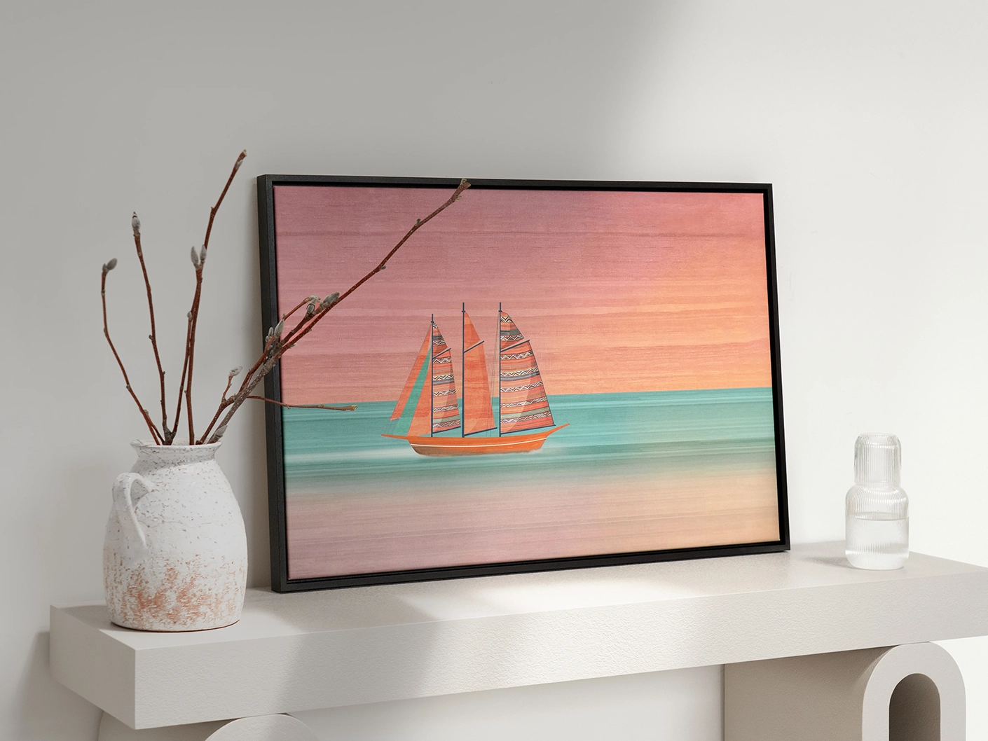 Sails canvas artwork in pink, shown in a lifestyle left view
