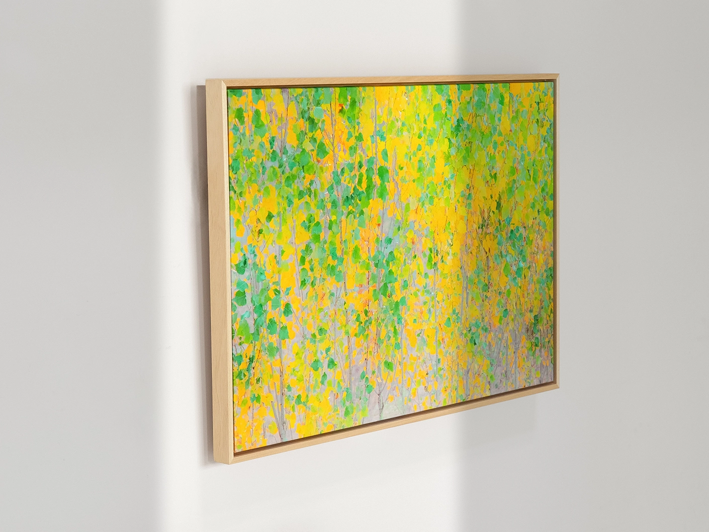 Twilight canvas artwork in green and yellow, shown in a lifestyle left view