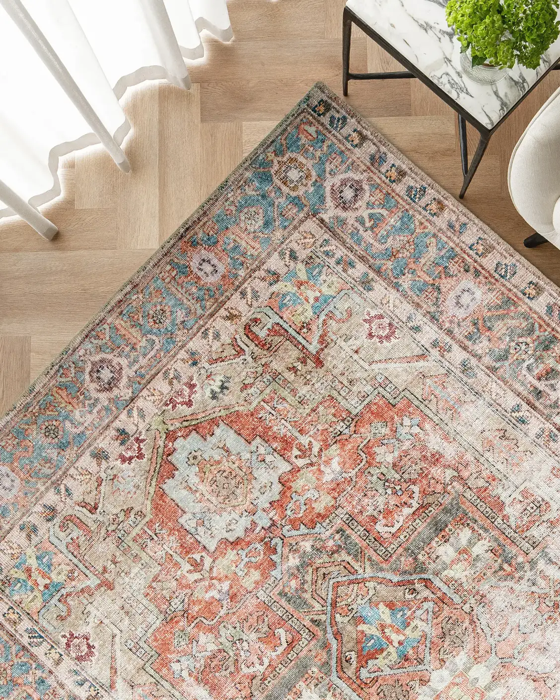 Vince Rouge carpet in red and multicolour, shown in a lifestyle top view as image 2