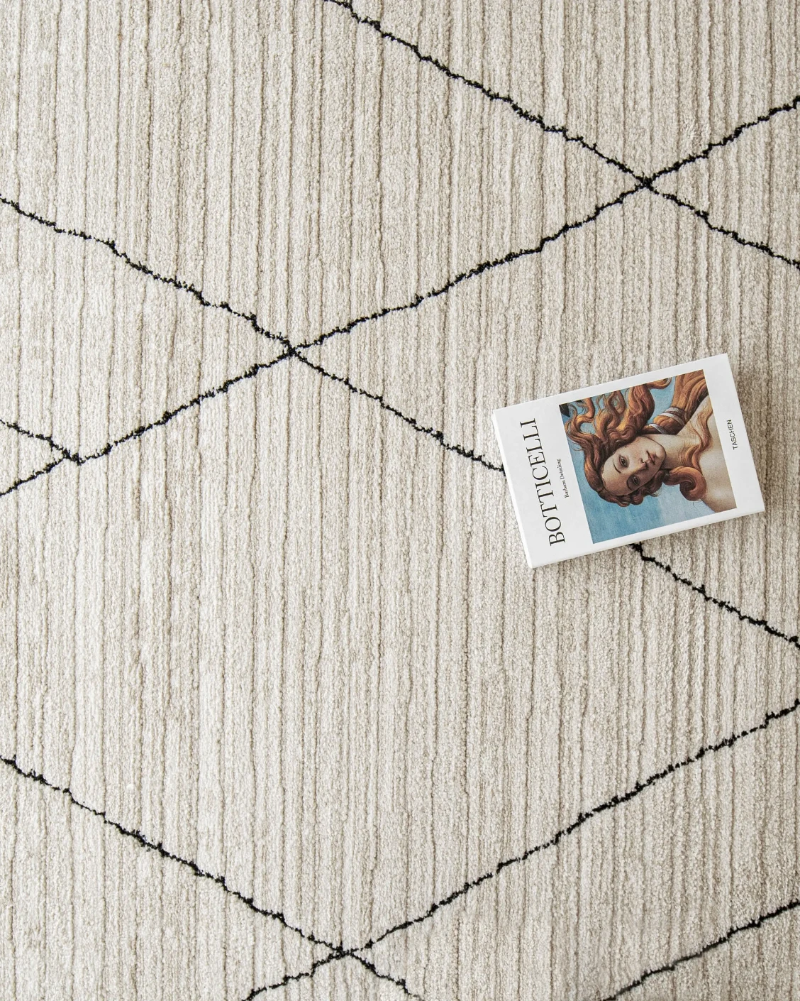 Zen Pearl carpet in charcoal and ivory, shown in a lifestyle top view as image 10
