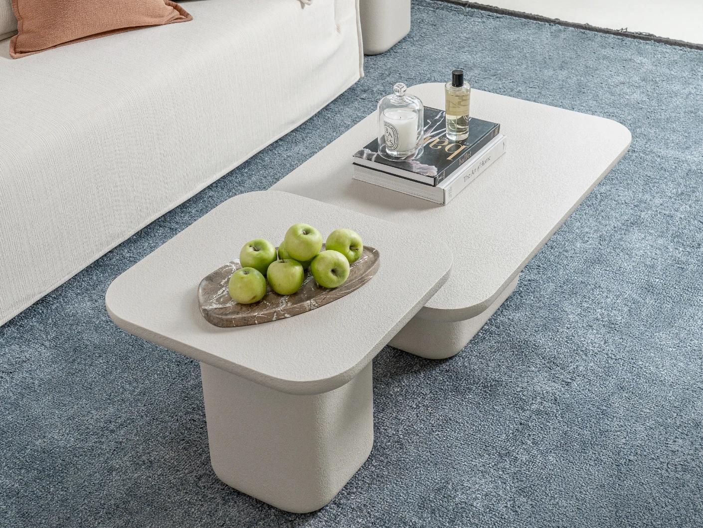 Modena Set Of 3 coffee table in soft ivory and stone, shown in a lifestyle top view as image 6
