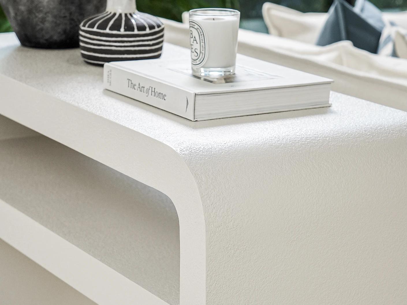 Orta console table in soft ivory and stone, shown in a lifestyle right view as image 5