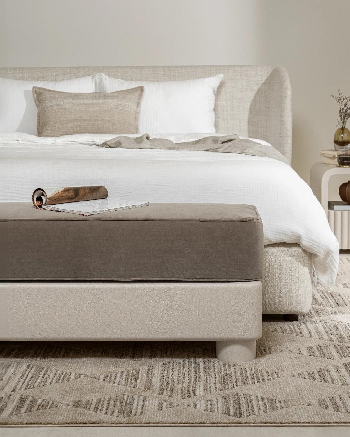 Rina bench in warm taupe, ivory and taupe, shown in a lifestyle front view as image 4