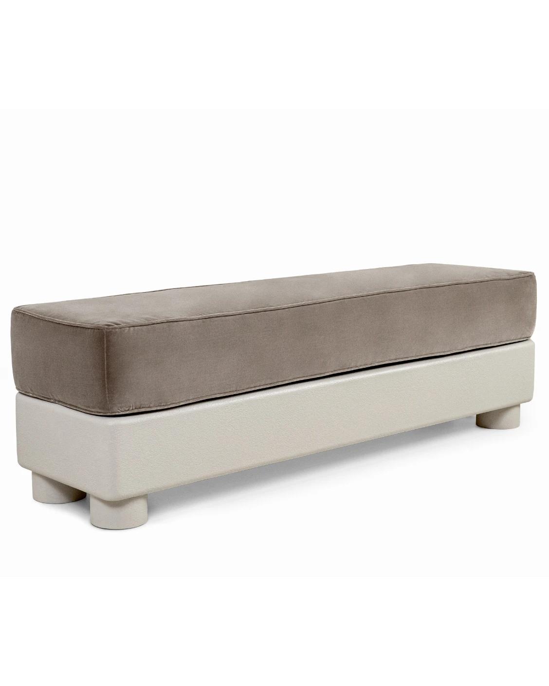 Rina bench in warm taupe, ivory and taupe, shown in a lifestyle left view as image 5