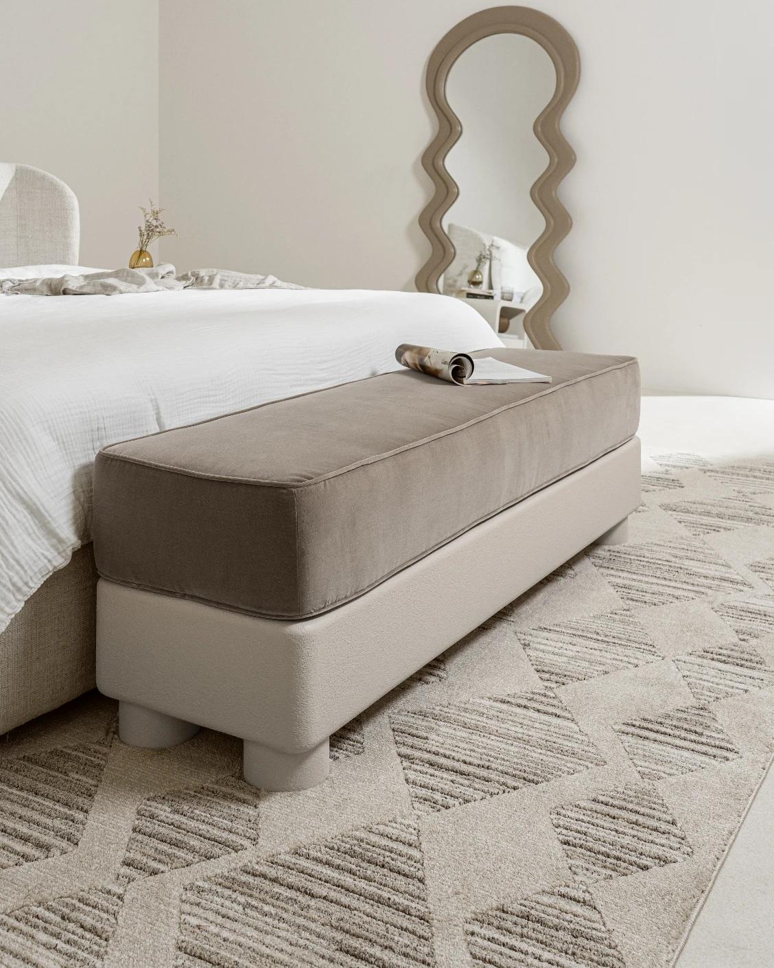 Rina bench in warm taupe, ivory and taupe, shown in a lifestyle left view as image 6