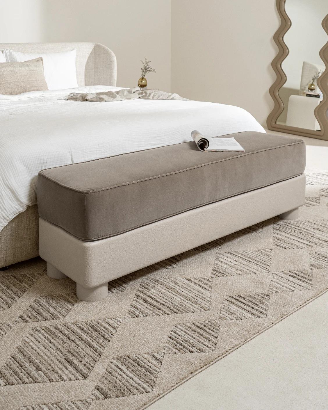 Rina bench in warm taupe, ivory and taupe, shown in a lifestyle left view as image 2
