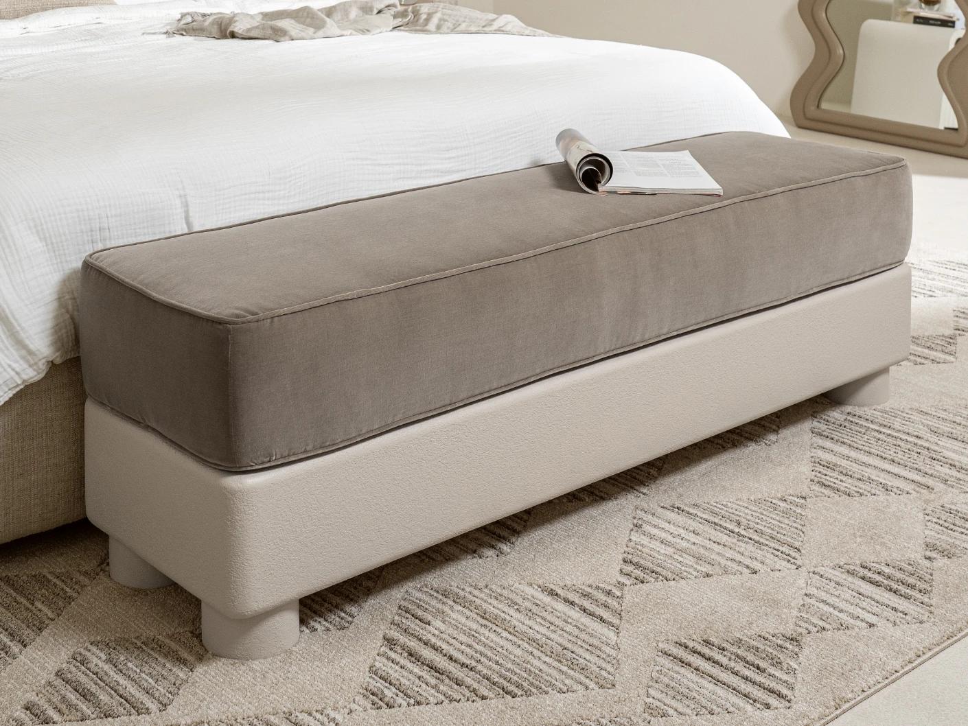 Rina bench in warm taupe, ivory and taupe, shown in a lifestyle left view as image 2