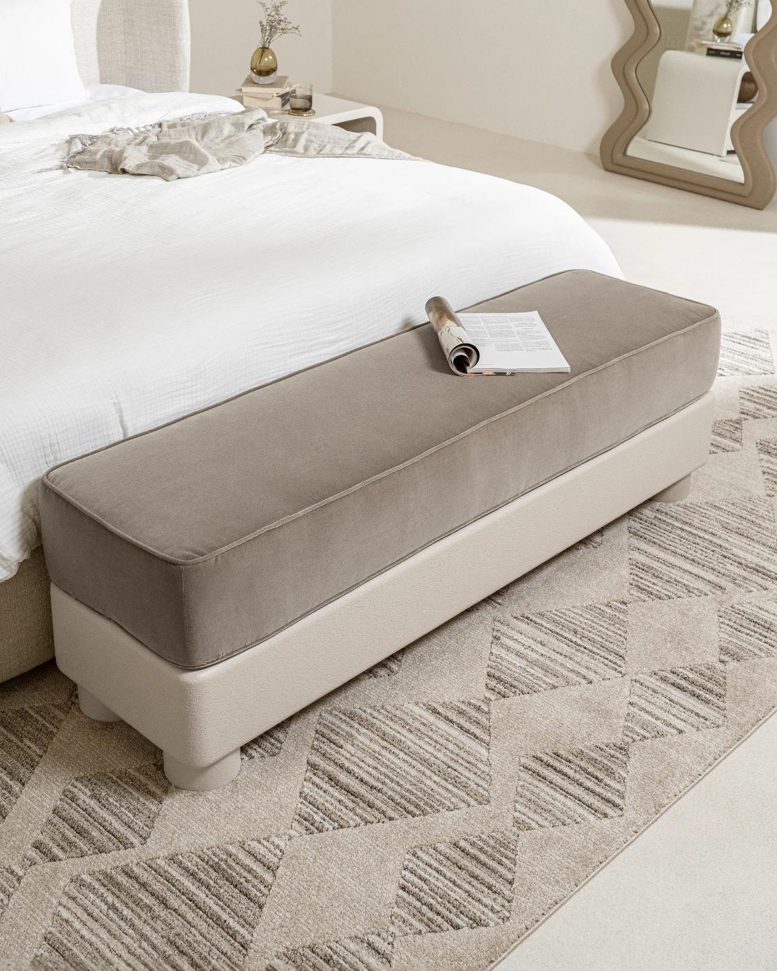 Rina bench in warm taupe, ivory and taupe, shown in a lifestyle top view as image 8